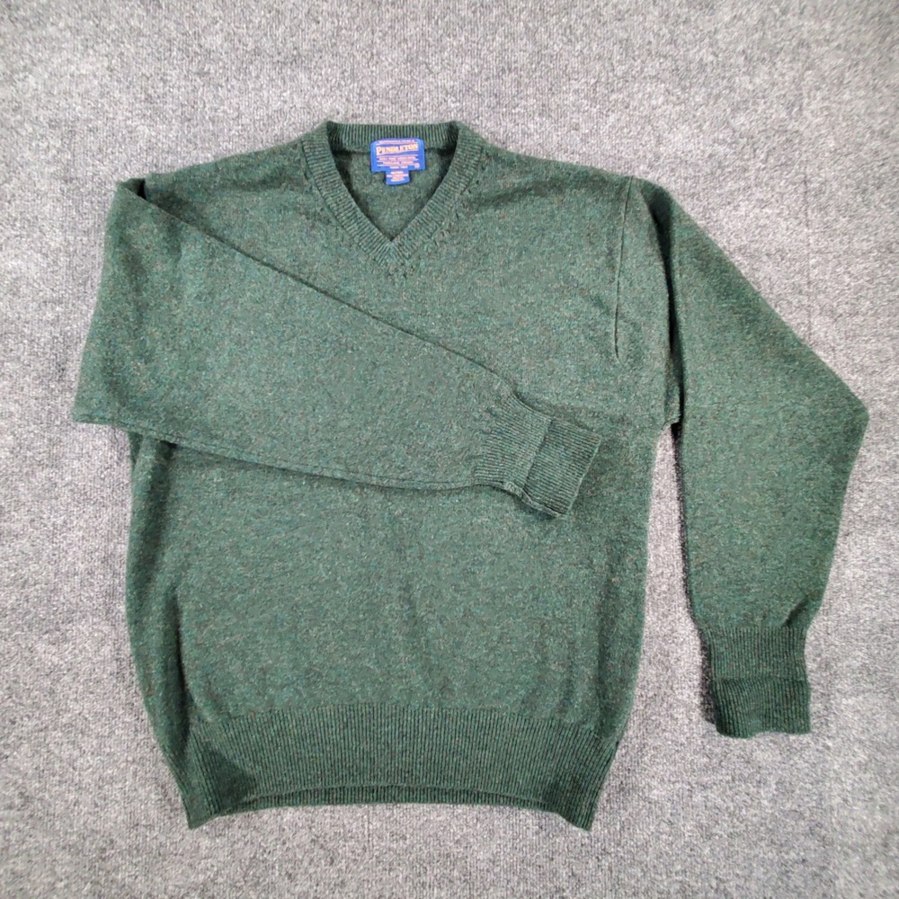 Pendleton Wool Sweater Mens S V-Neck Green Lambswool Long Sleeve Heathered
